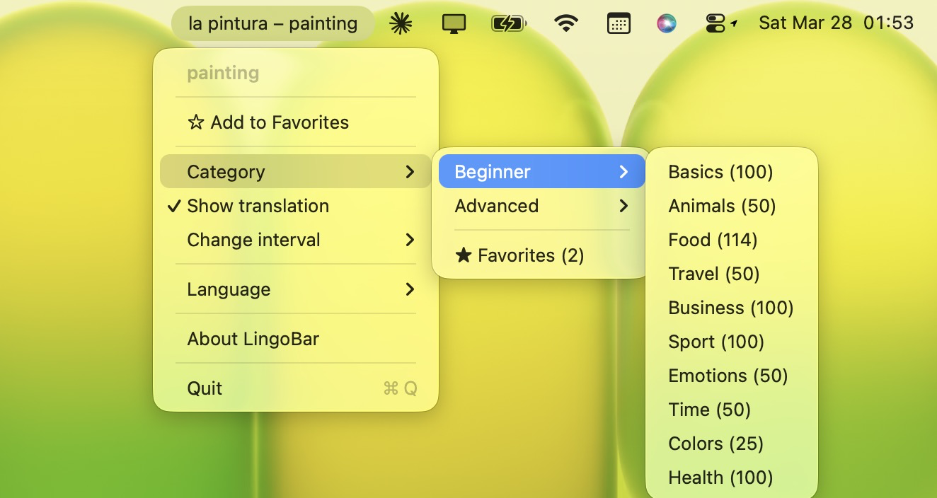 Categories menu — Beginner and Advanced