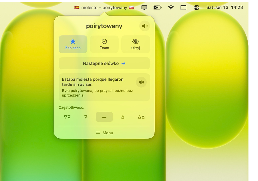 Word popup with example sentence and audio