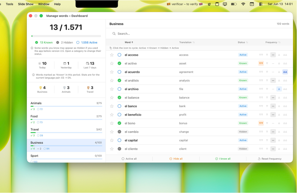 Dashboard with progress and word management